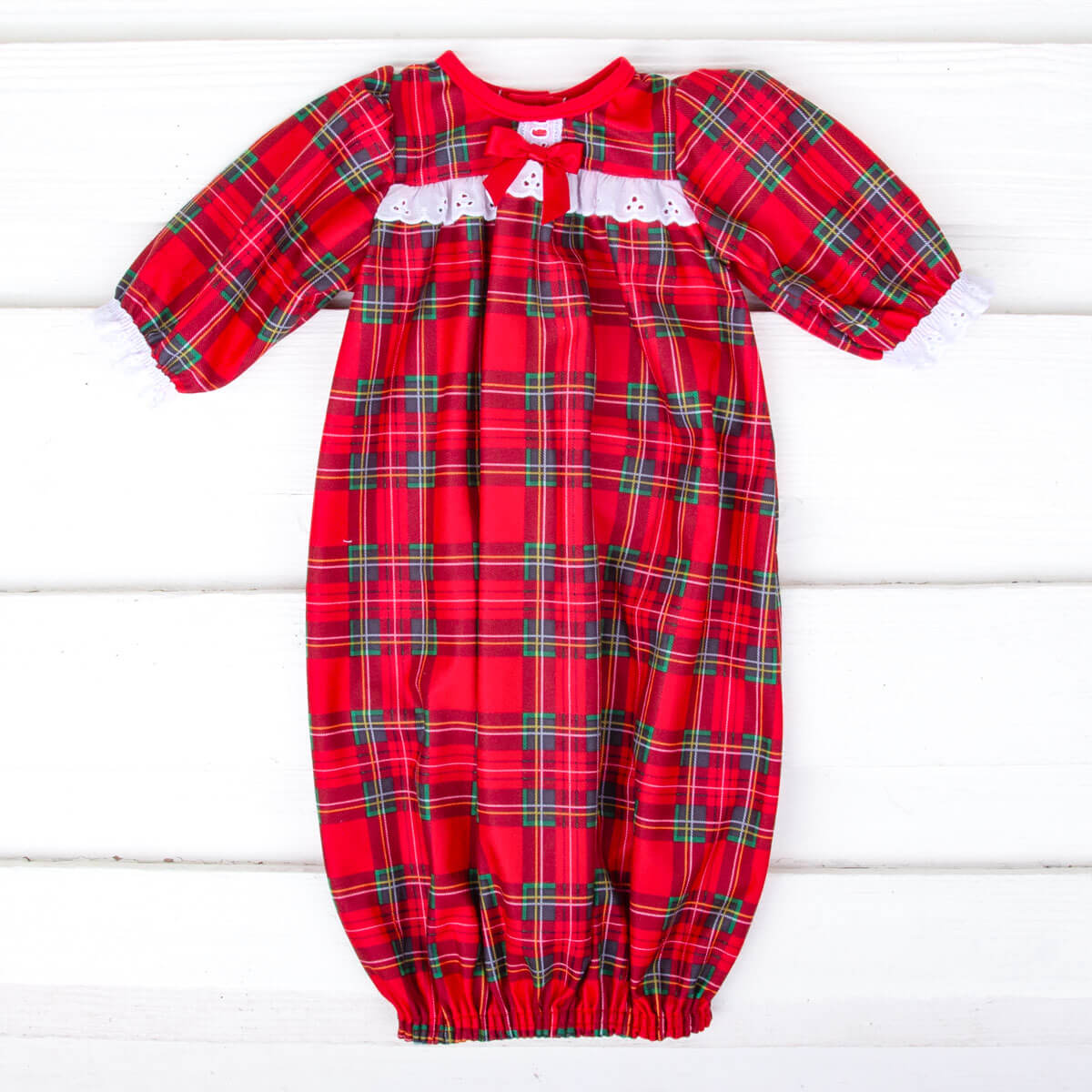 Red Plaid Eyelet Lace Baby Gown