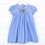 Turkey Single Blue Gingham Smocked Collared Bishop Dress