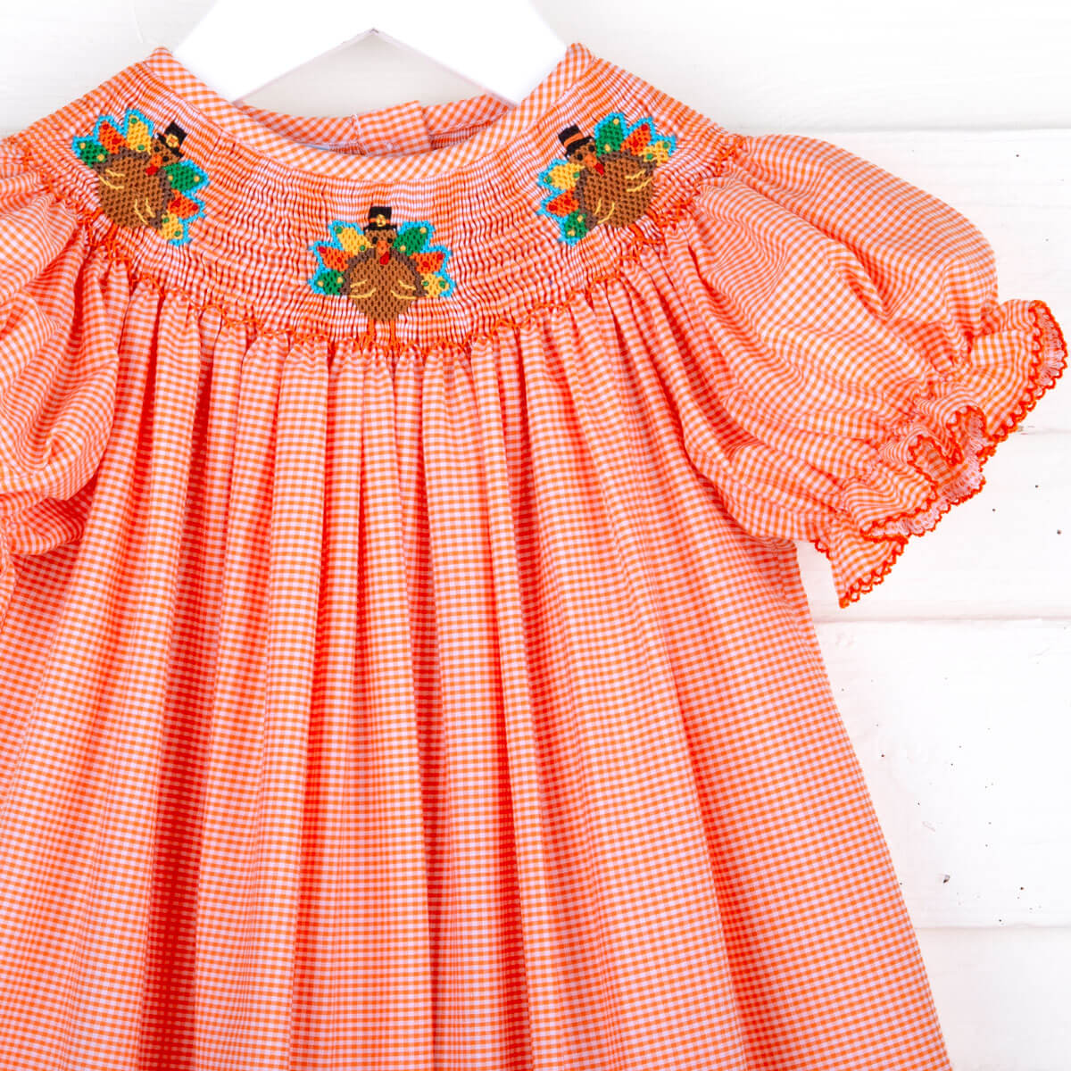 Smocked Turkey Bishop Orange Gingham