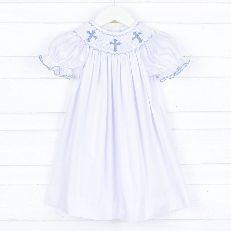 Blue Cross Smocked White Pique Dress
