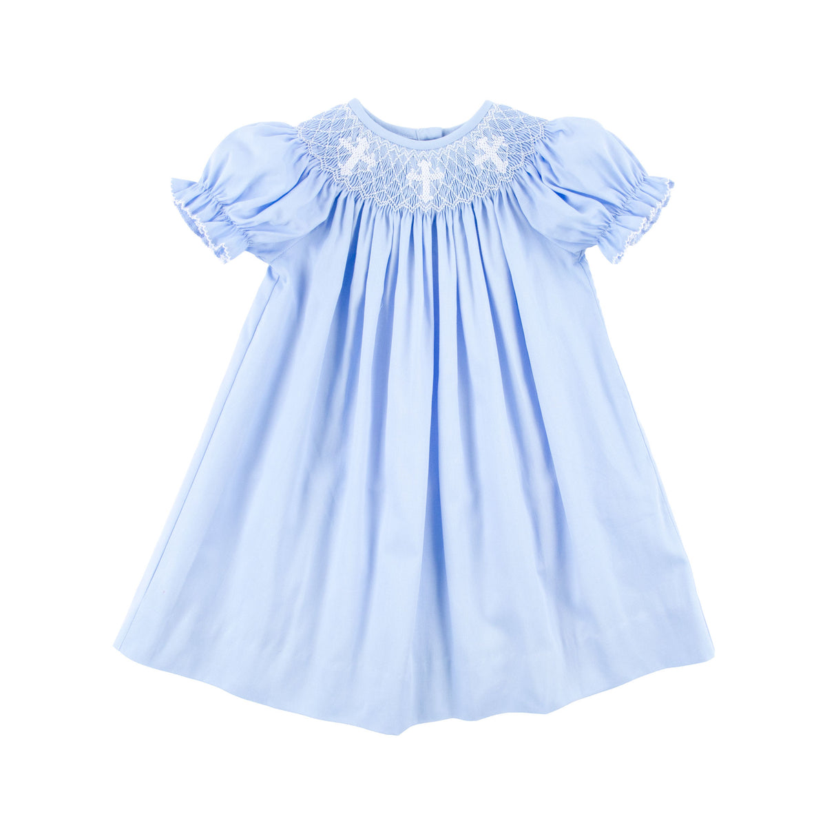 Cross Smocked Blue Pique Bishop Dress