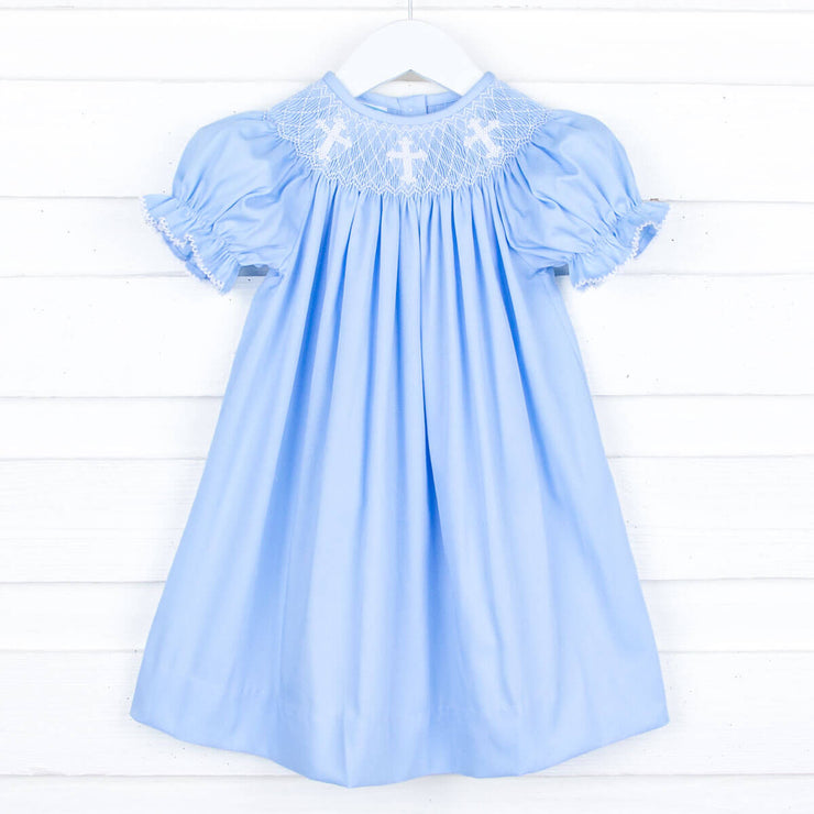 White Cross Smocked Bishop Blue Pique Dress