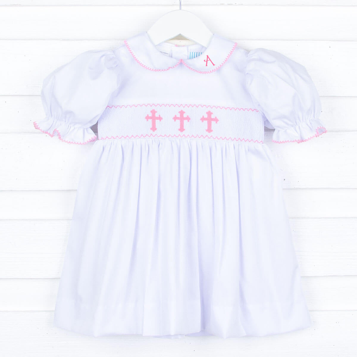 Pink Cross Smocked White Dress