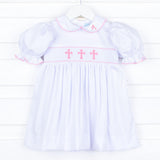 Pink Cross Smocked White Dress