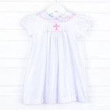 Pink Cross Single Smocked White Pique Dress