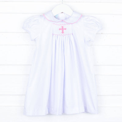 Pink Cross Single Smocked White Pique Dress