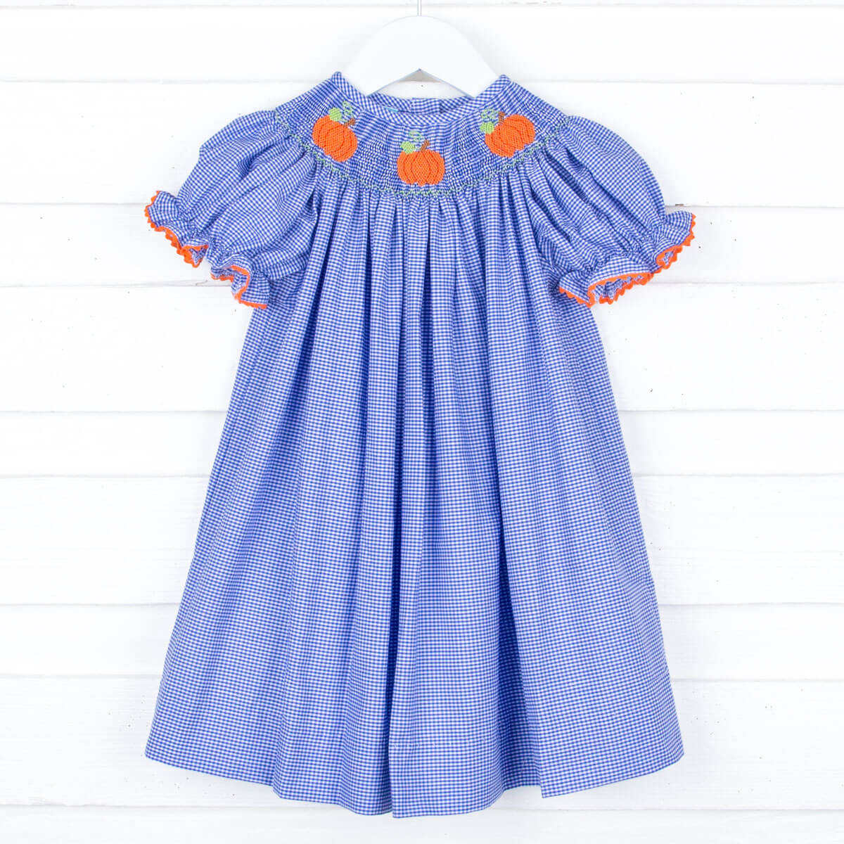 Smocked Pumpkin Royal Blue Gingham Bishop Dress