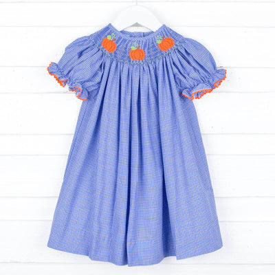 Smocked Pumpkin Royal Blue Gingham Bishop Dress