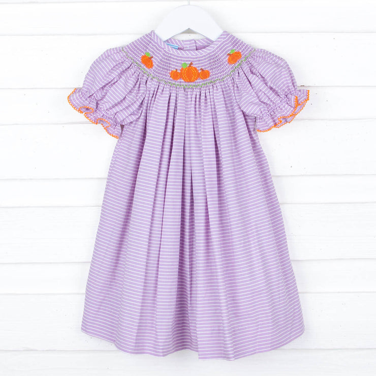 Smocked Pumpkin Purple Stripe Bishop Dress
