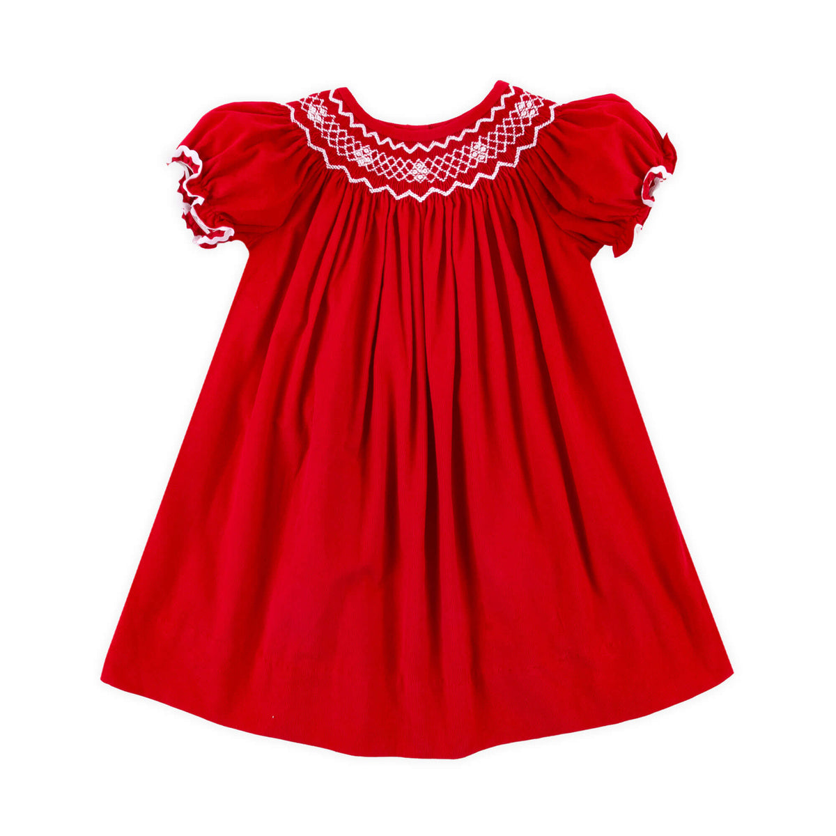 Red Corduroy Smocked Geo Bishop Dress