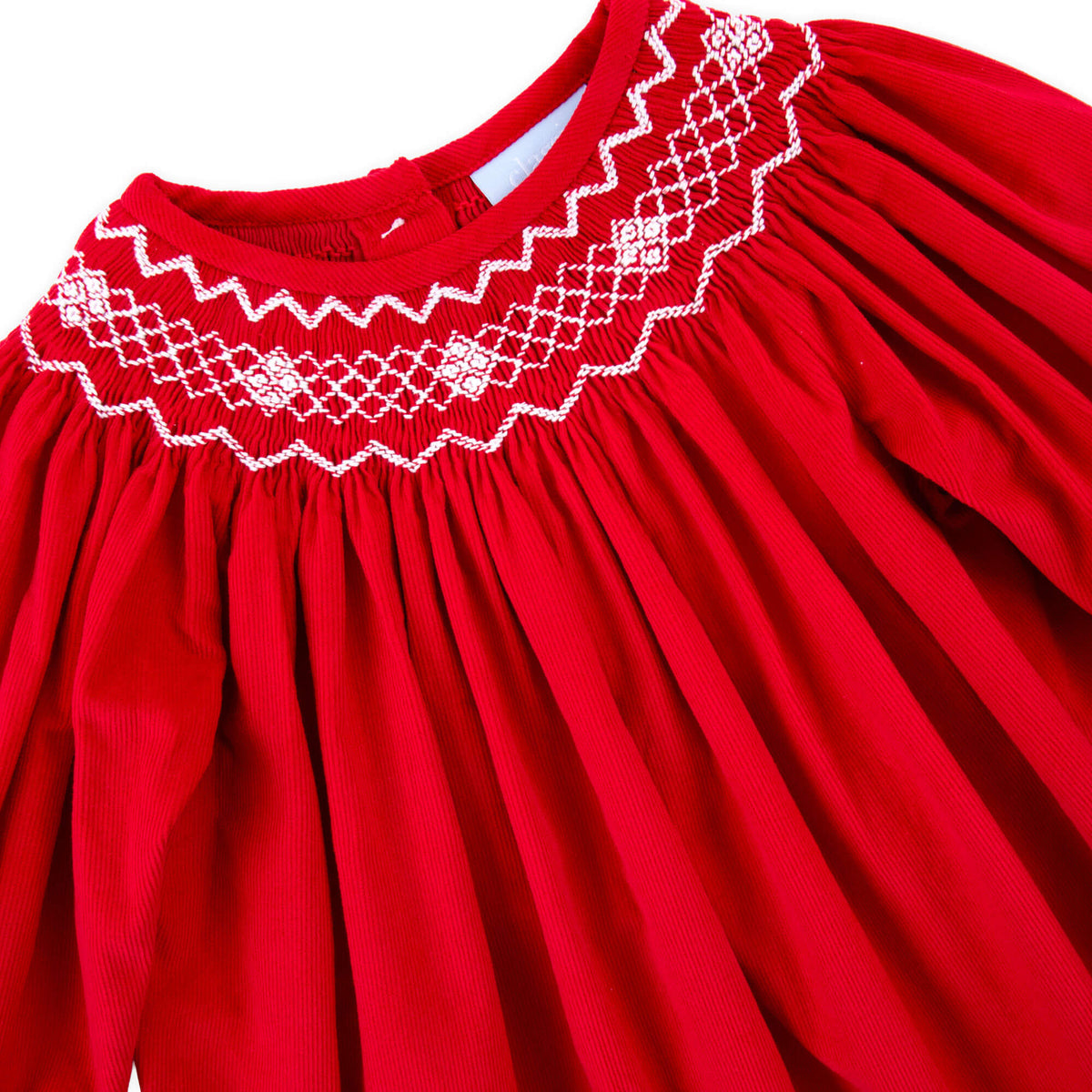 Red Corduroy Smocked Geo Bishop Long Sleeve Dress