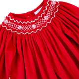 Red Corduroy Smocked Geo Bishop Long Sleeve Dress