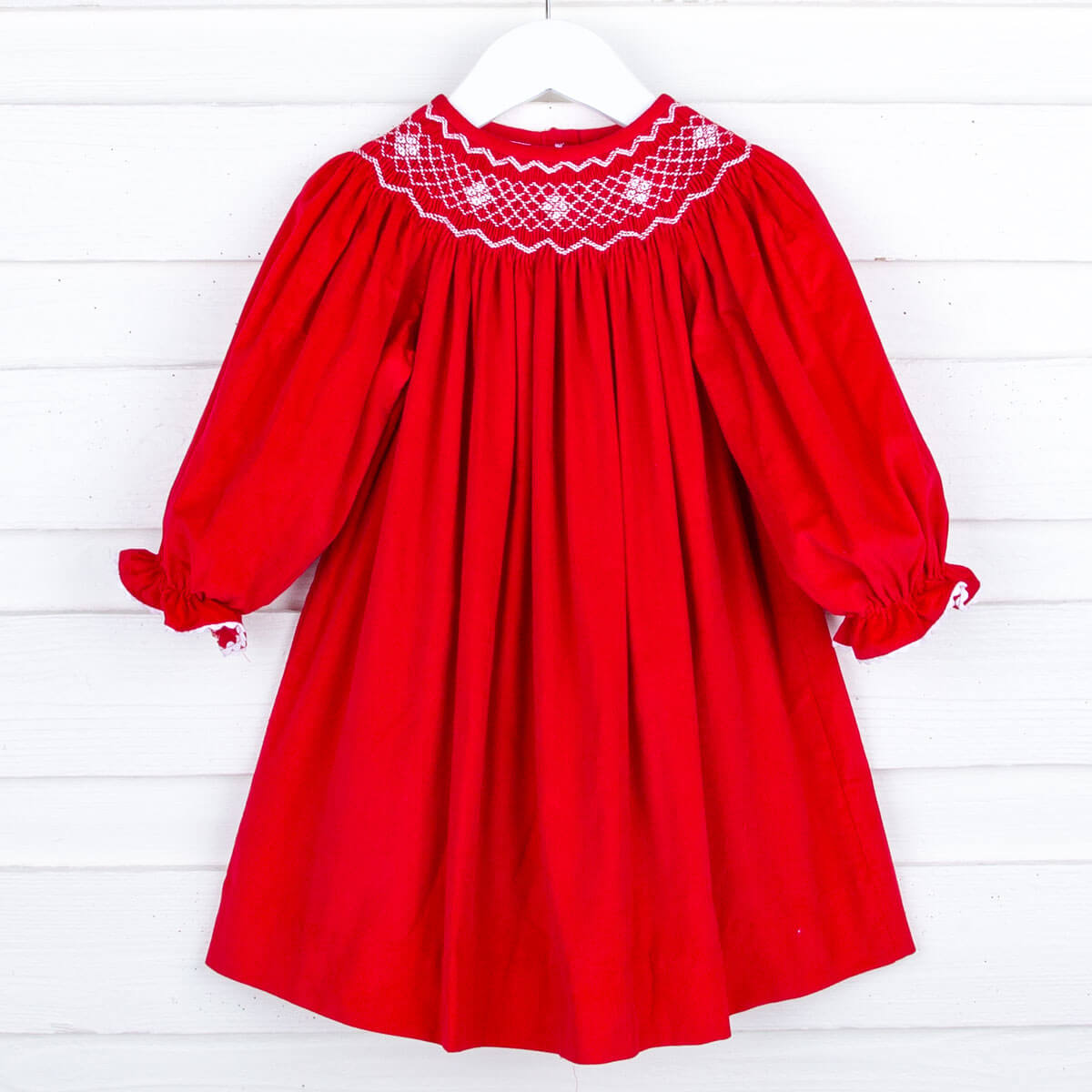 Red Corduroy Smocked Geo Bishop Long Sleeve Dress