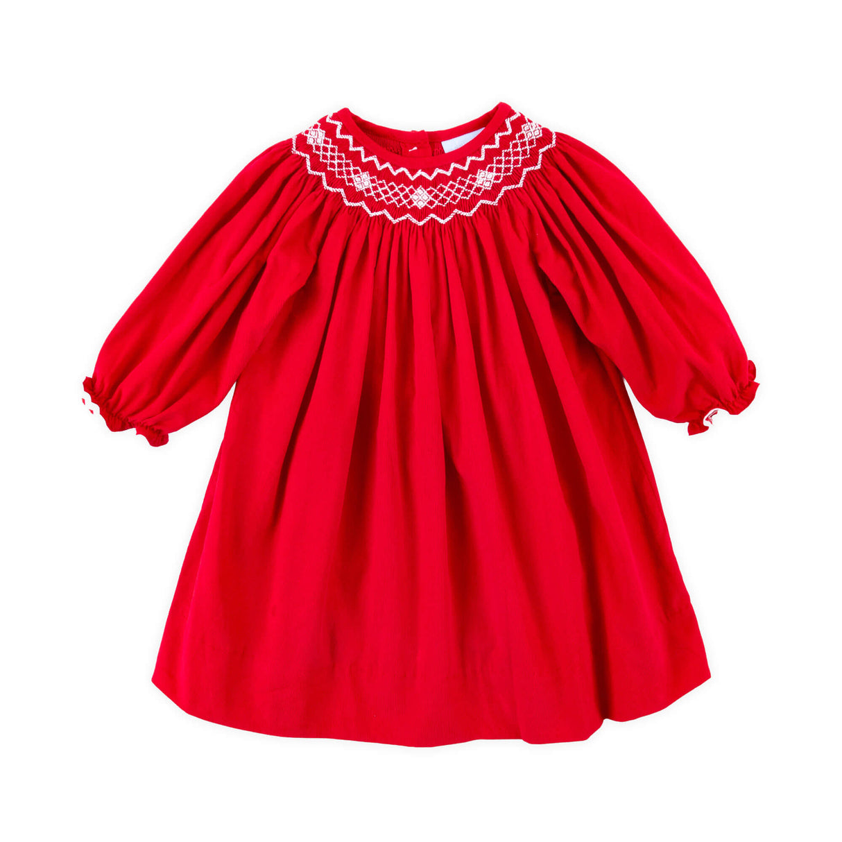 Red Corduroy Smocked Geo Bishop Long Sleeve Dress