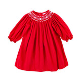 Red Corduroy Smocked Geo Bishop Long Sleeve Dress