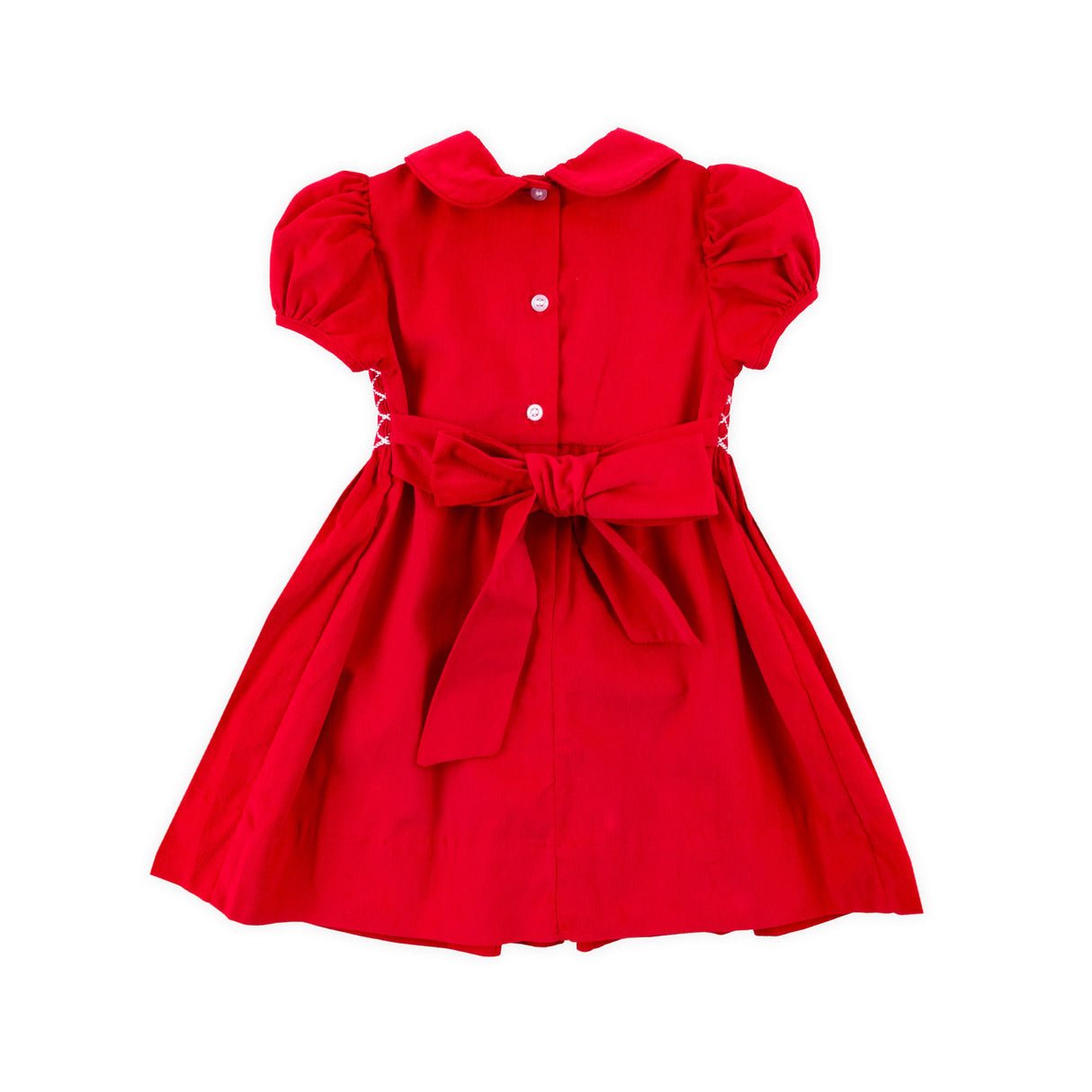 Red Corduroy Smocked Geo Collared Bishop Dress