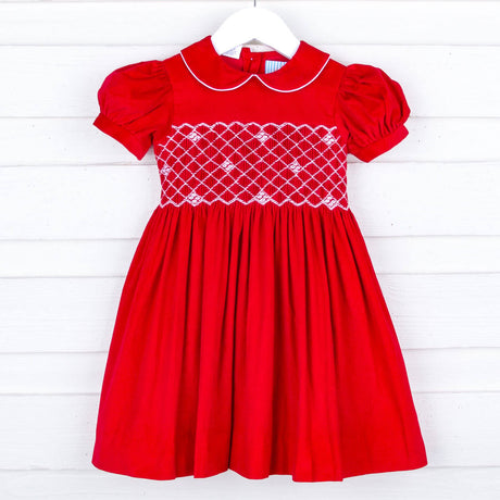 Red Corduroy Smocked Geo Collared Bishop Dress