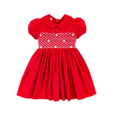 Red Corduroy Smocked Geo Collared Bishop Dress