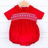 Red Corduroy Smocked Geo Collared Bubble