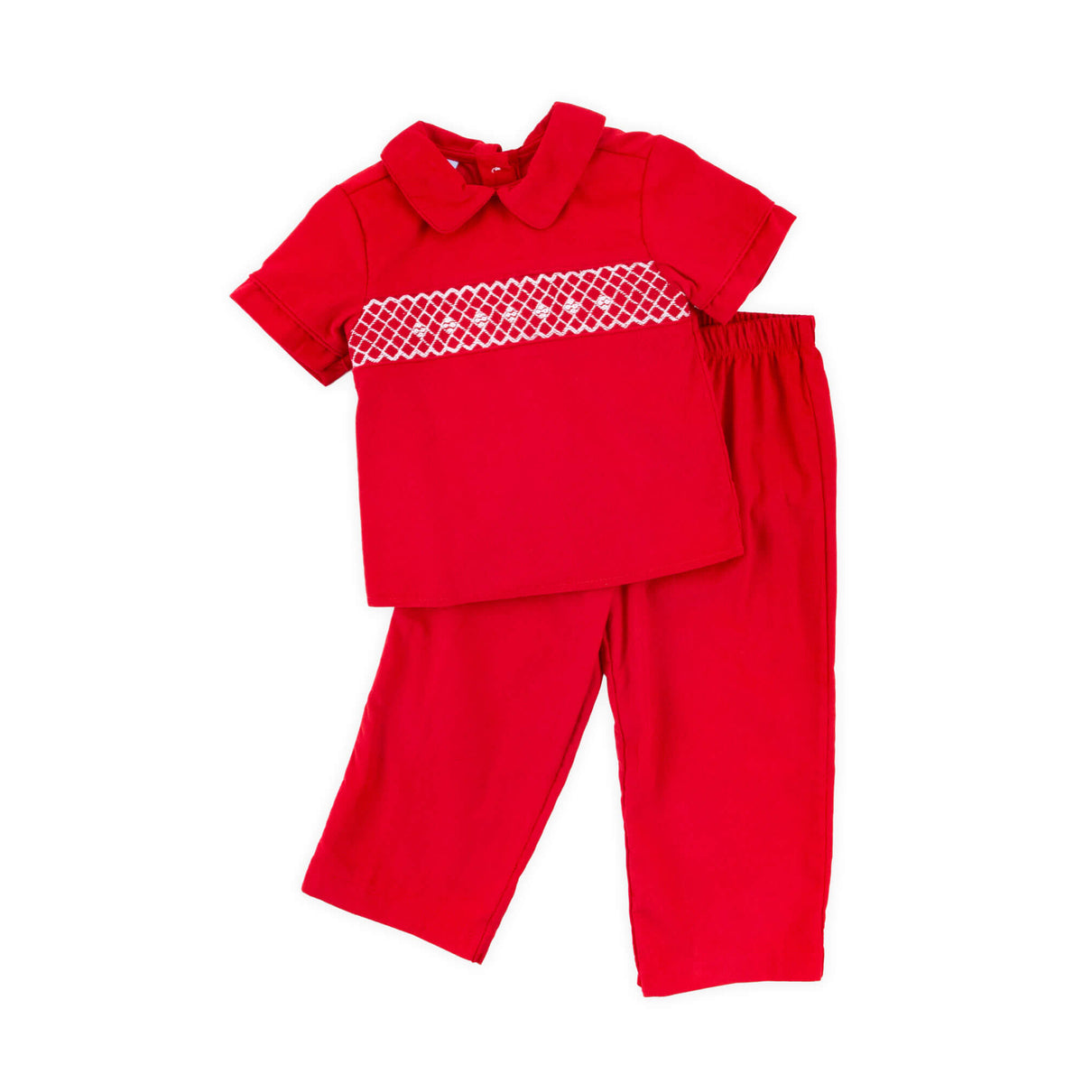 Red Corduroy Smocked Geo Collared Pant Set