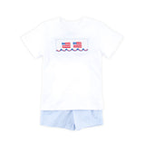 Light Blue Gingham Flag Smocked Short Set
