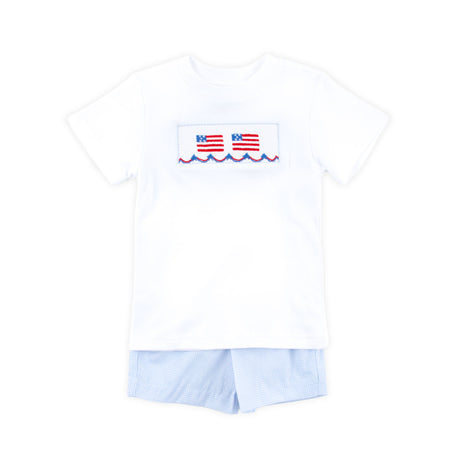 Light Blue Gingham Flag Smocked Short Set