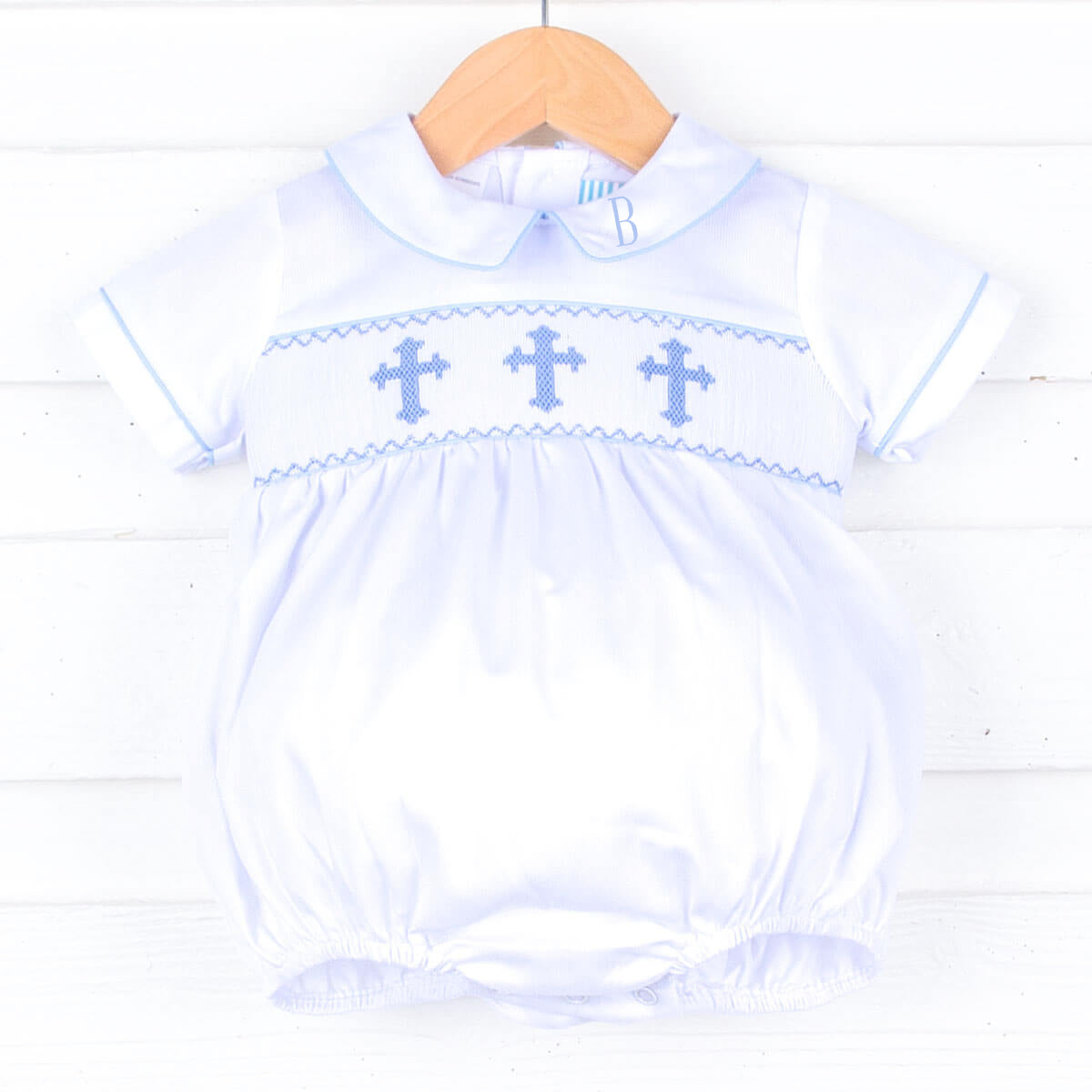 Smocked Blue Cross White Boy Bubble