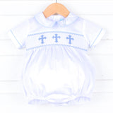 Smocked Blue Cross White Boy Bubble