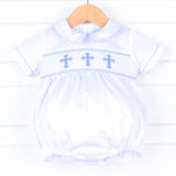 Smocked Blue Cross White Boy Bubble