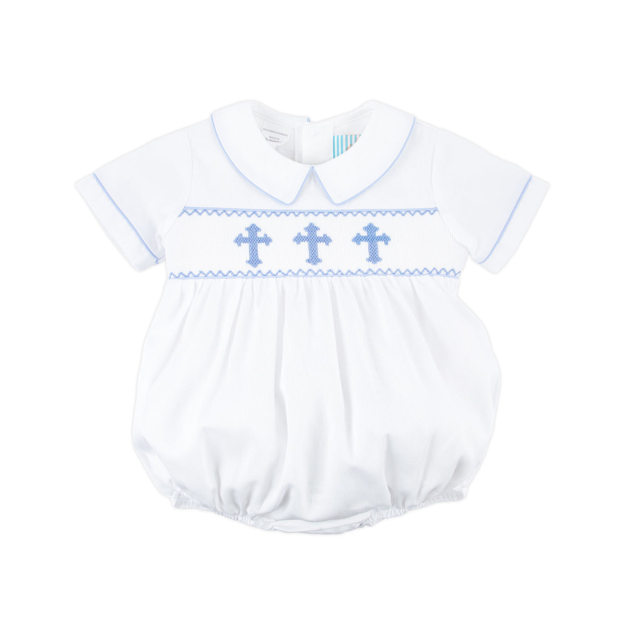 Smocked Blue Cross White Boy Bubble