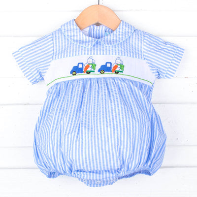 Easter Fun Blue Stripe Smocked Collared Bubble