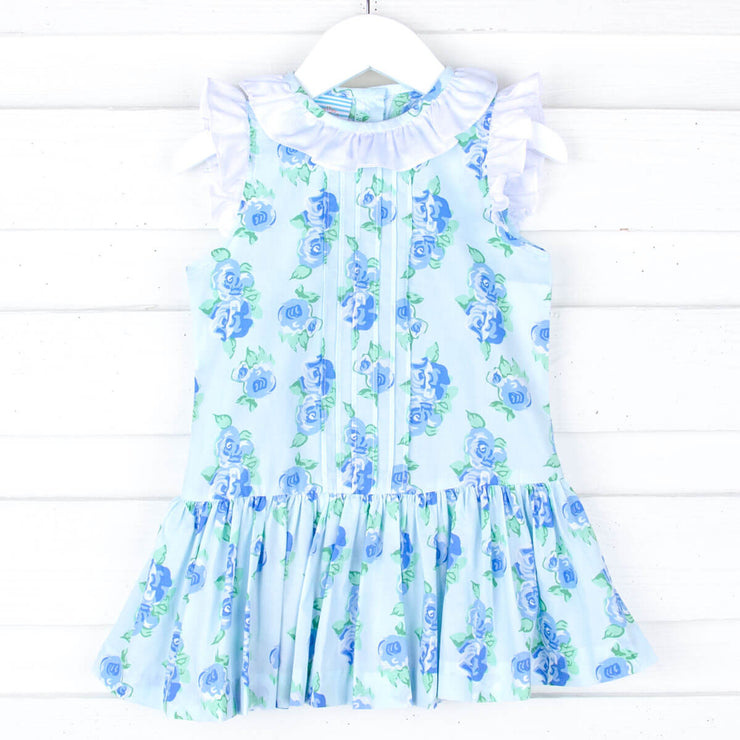 Happy Spring Blue Floral Ruffle Collared Dress