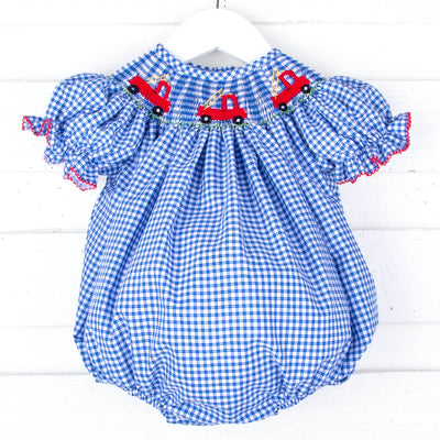 Fire Truck Blue Plaid Smocked Bishop Bubble