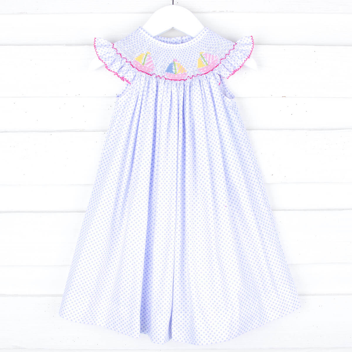 Sailboat Blue Dot Smocked Angel Sleeve Dress