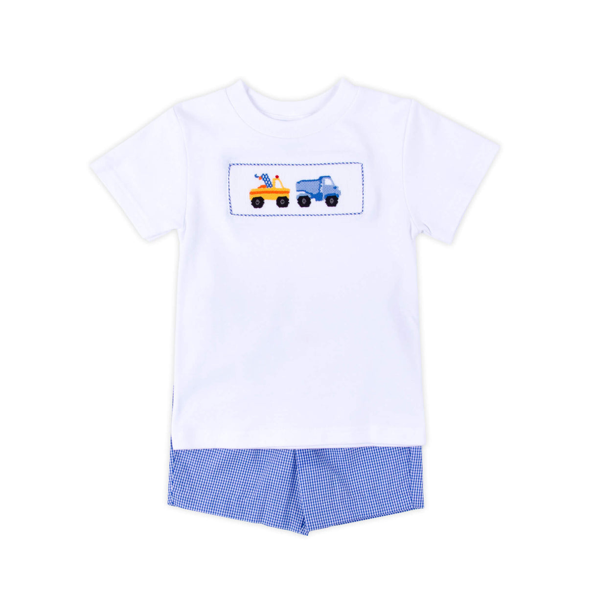 Construction Truck Blue Gingham Smocked Short Set