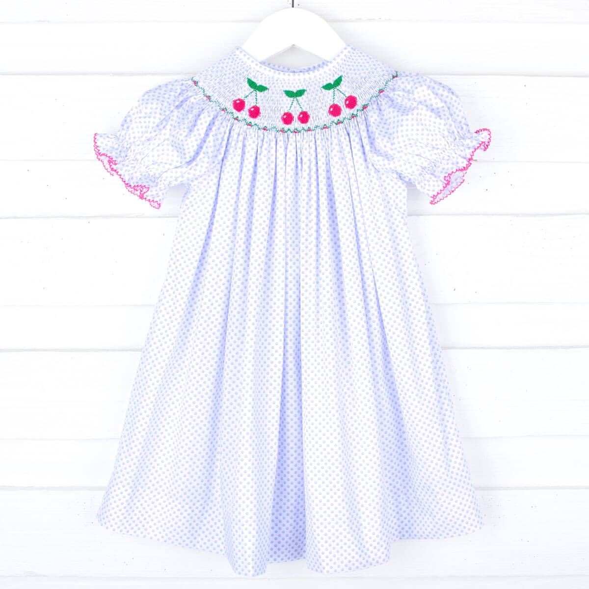 Cherry White Dot Smocked Bishop Dress