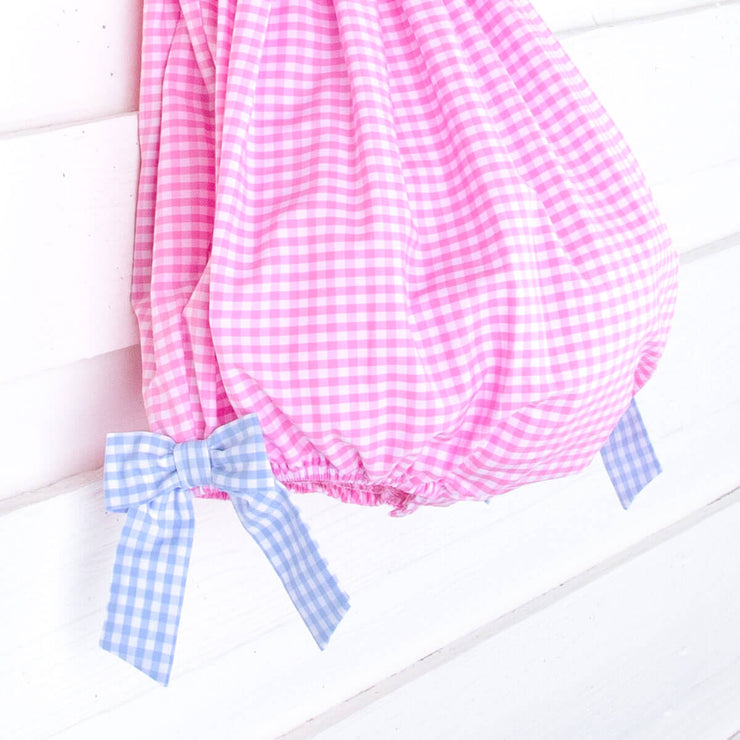 Whale Adventure Pink Gingham Smocked Angel Sleeve Bubble