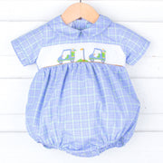 Play Golf Blue Plaid Smocked Collared Bubble