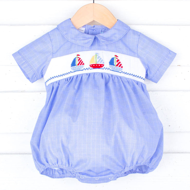 Sailing Away Blue Plaid Smocked Collared Bubble