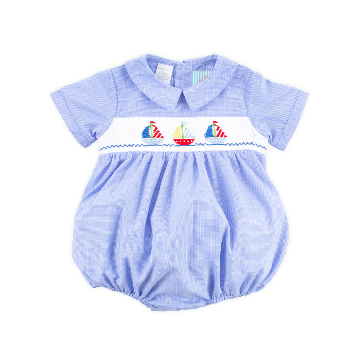 Sailing Away Blue Plaid Smocked Collared Bubble
