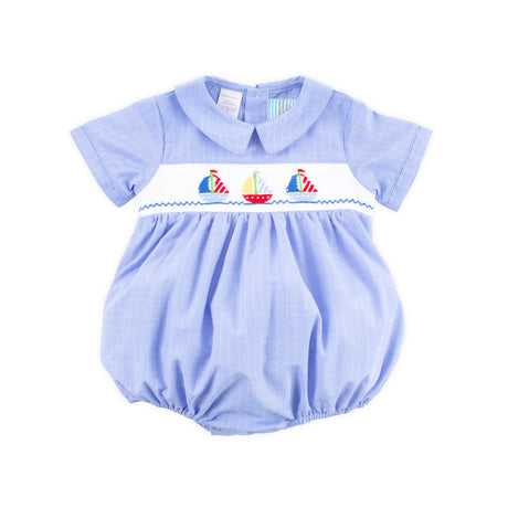 Sailing Away Blue Plaid Smocked Collared Bubble