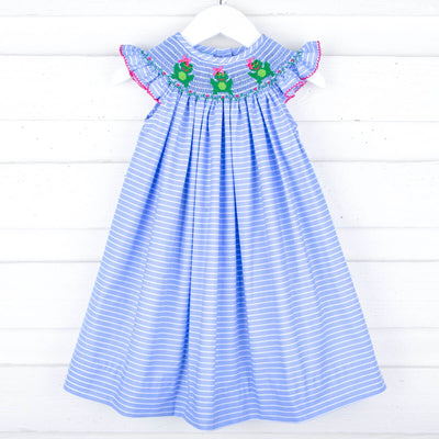 Cute Frog Blue Stripe Smocked Angel Sleeve Dress