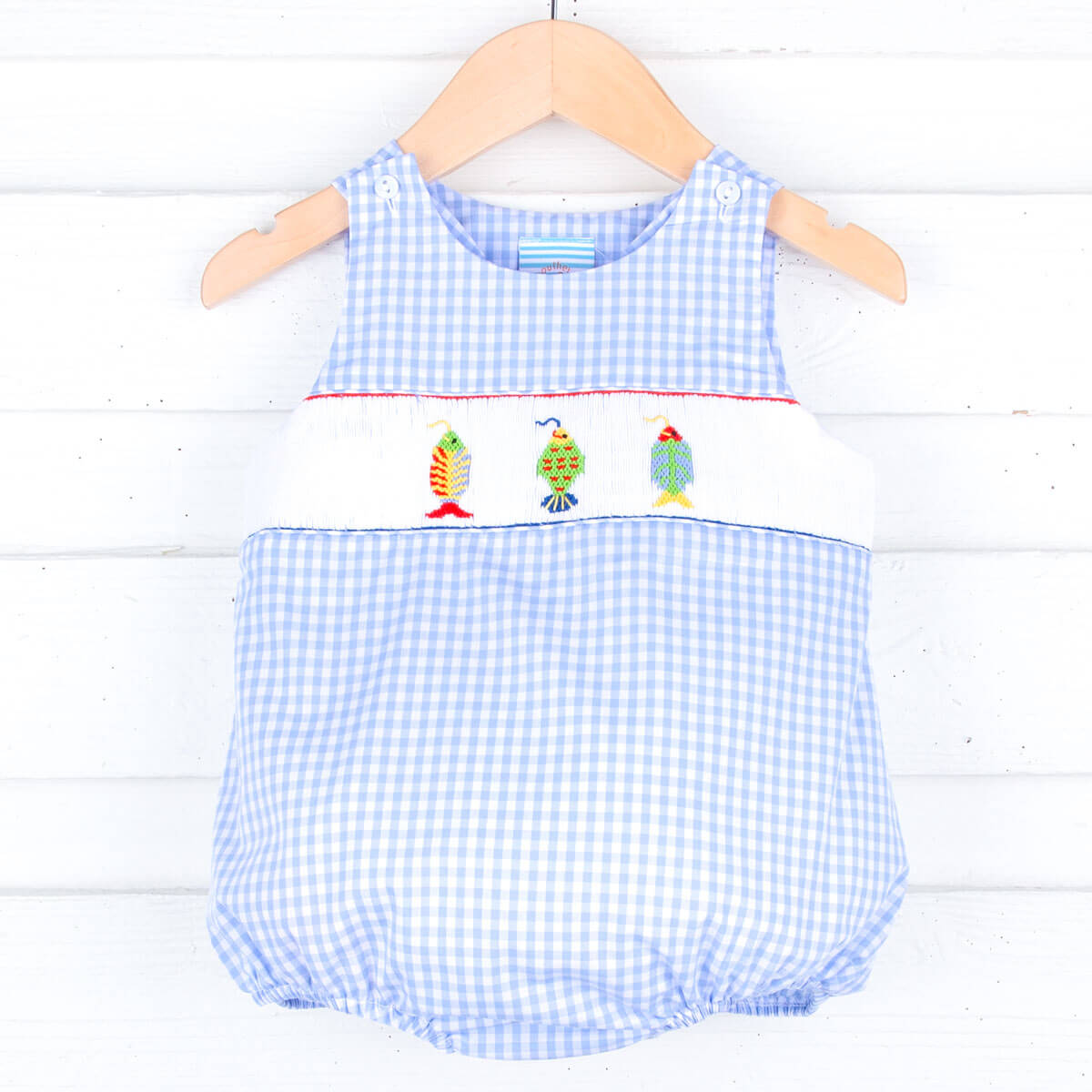 Fishing Lure Light Blue Check Smocked Sun Bubble  Classic Whimsy