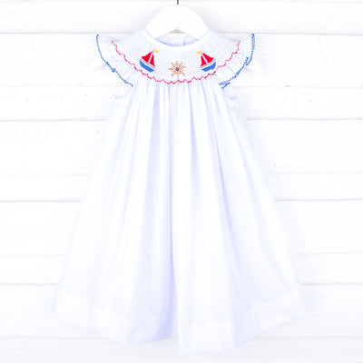 Sail Away White Smocked Angel Sleeve Dress