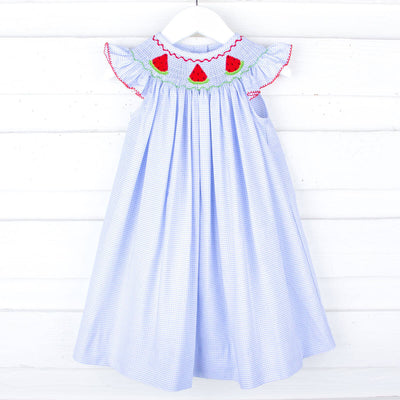 Watermelon Blue Windowpane Smocked Angel Sleeve Dress