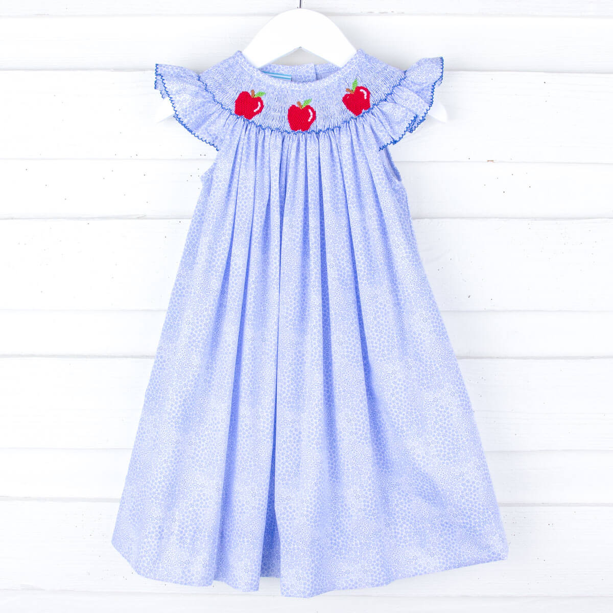 Apple Smocked Blue Floral Angel Sleeve Dress