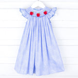 Apple Smocked Blue Floral Angel Sleeve Dress
