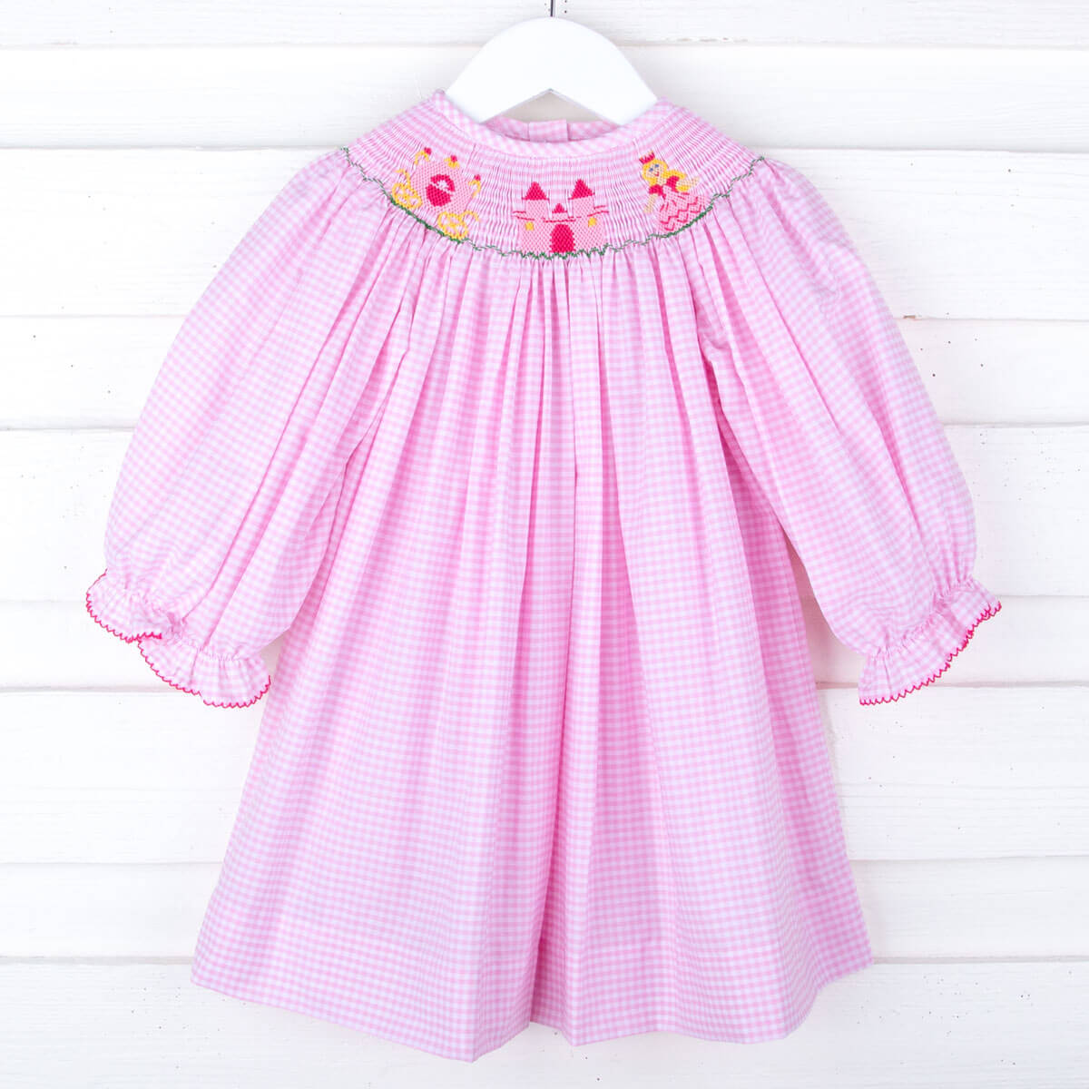 Princess Smocked Pink Gingham Long Sleeve Bishop Dress – Classic Whimsy