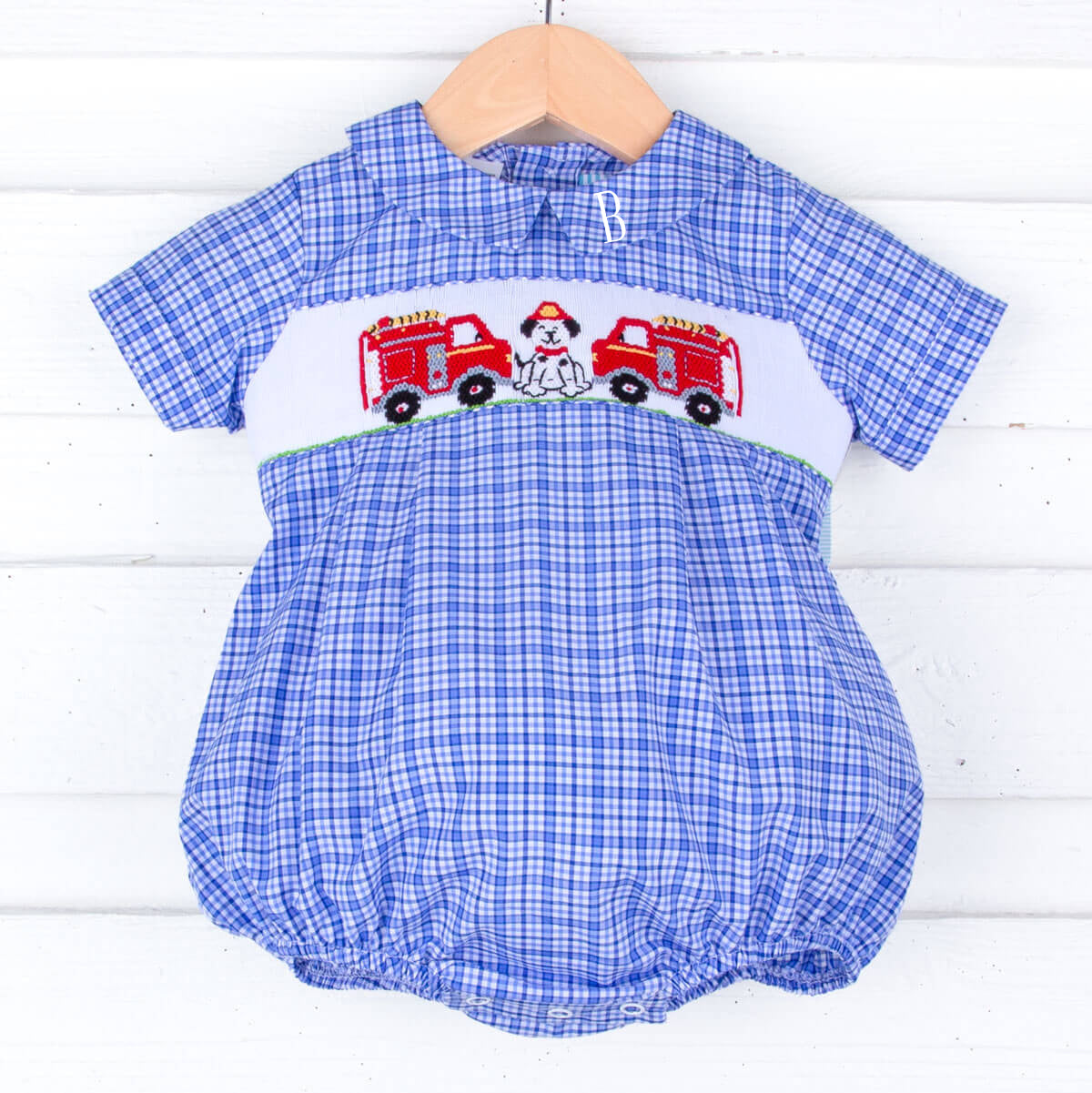 Fire Trucks Smocked Blue Plaid Collared Bubble