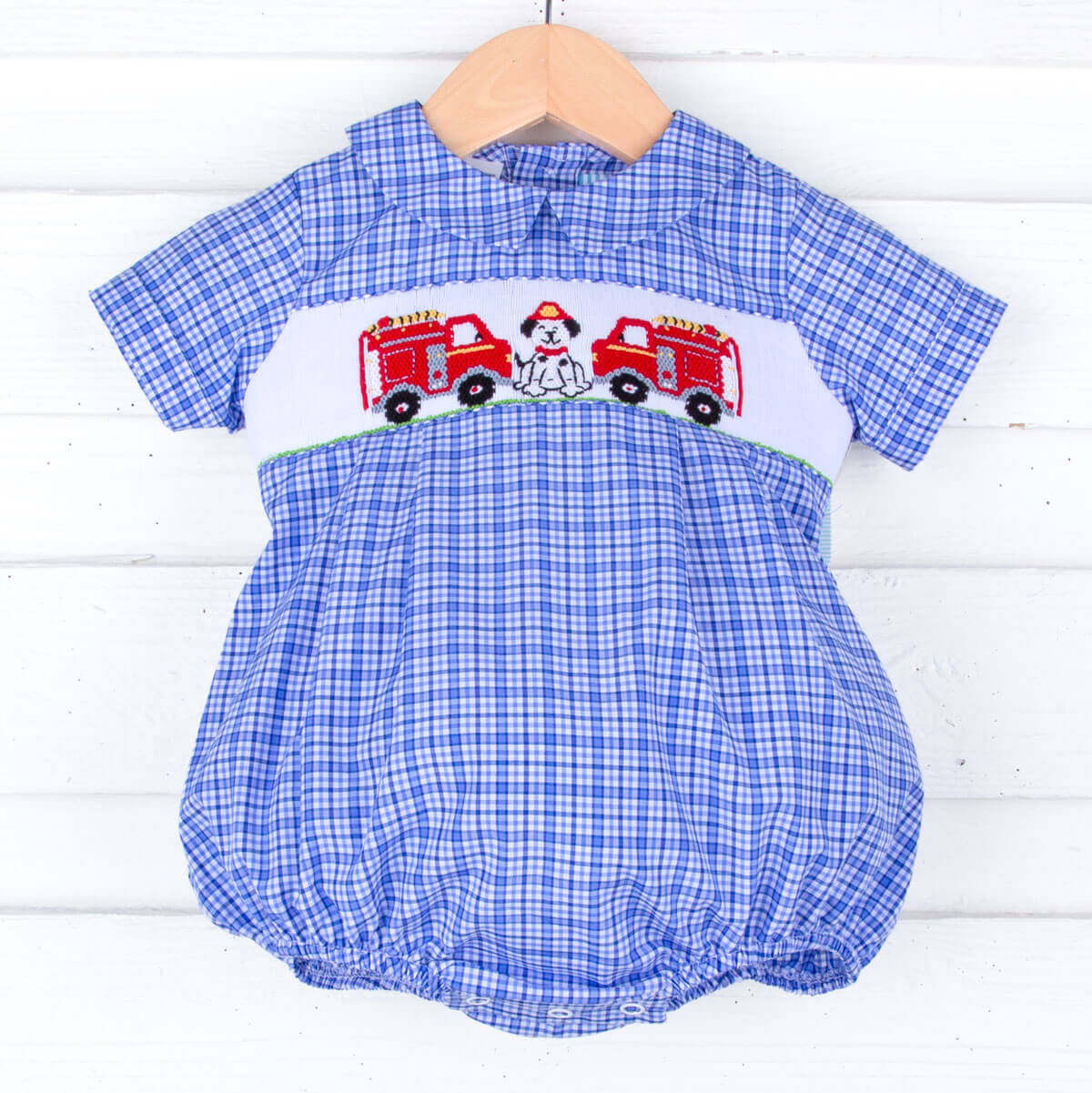 Fire Trucks Smocked Blue Plaid Collared Bubble